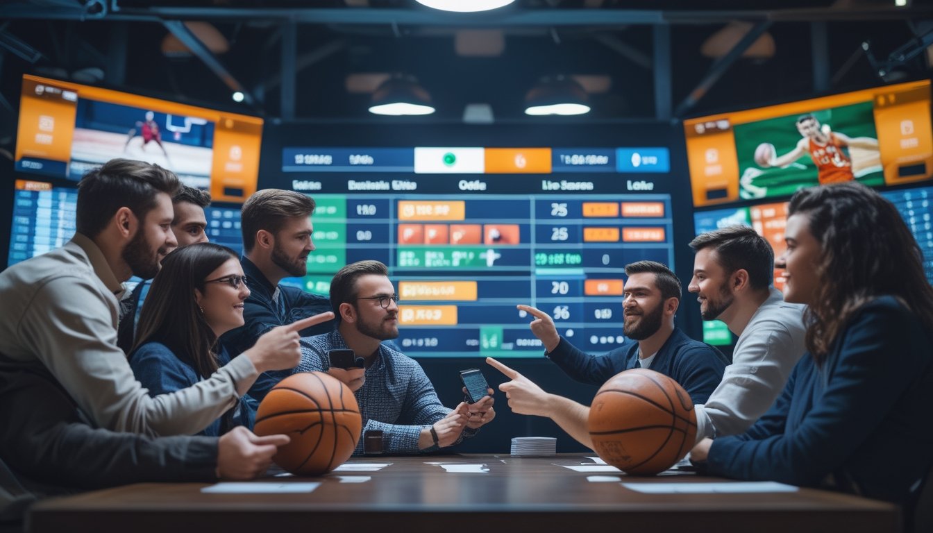Sekelompok orang sedang melihat layar digital dengan statistik dan skor pertandingan basket di sebuah bar olahraga modern.