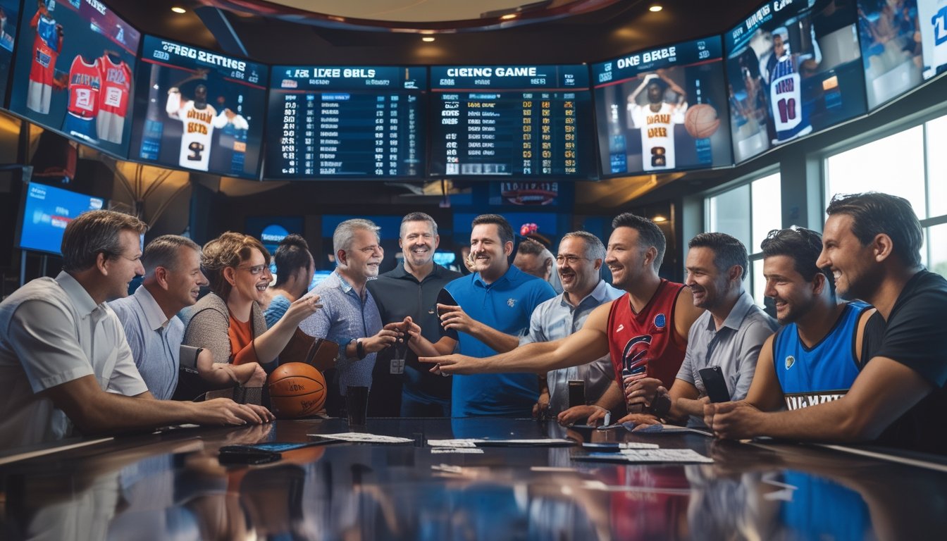 Sekelompok orang sedang melihat layar besar yang menampilkan statistik dan peluang taruhan pertandingan bola basket di sebuah bar olahraga modern.