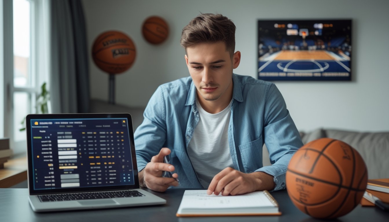 Seorang pria muda sedang mengelola modal taruhan basket di meja kerja dengan laptop, ponsel, dan buku catatan.