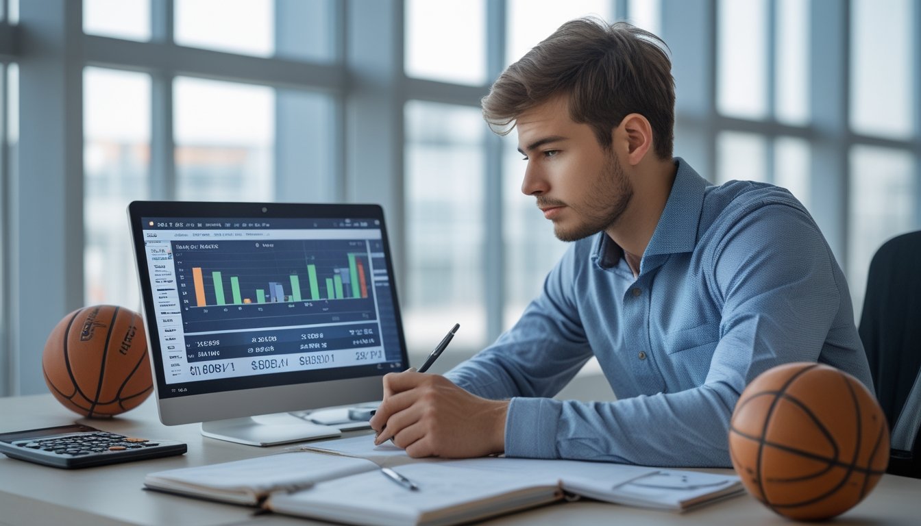 Seorang pria muda duduk di meja kerja dengan laptop dan buku catatan, menganalisis data taruhan basket dan grafik keuangan di layar laptop.