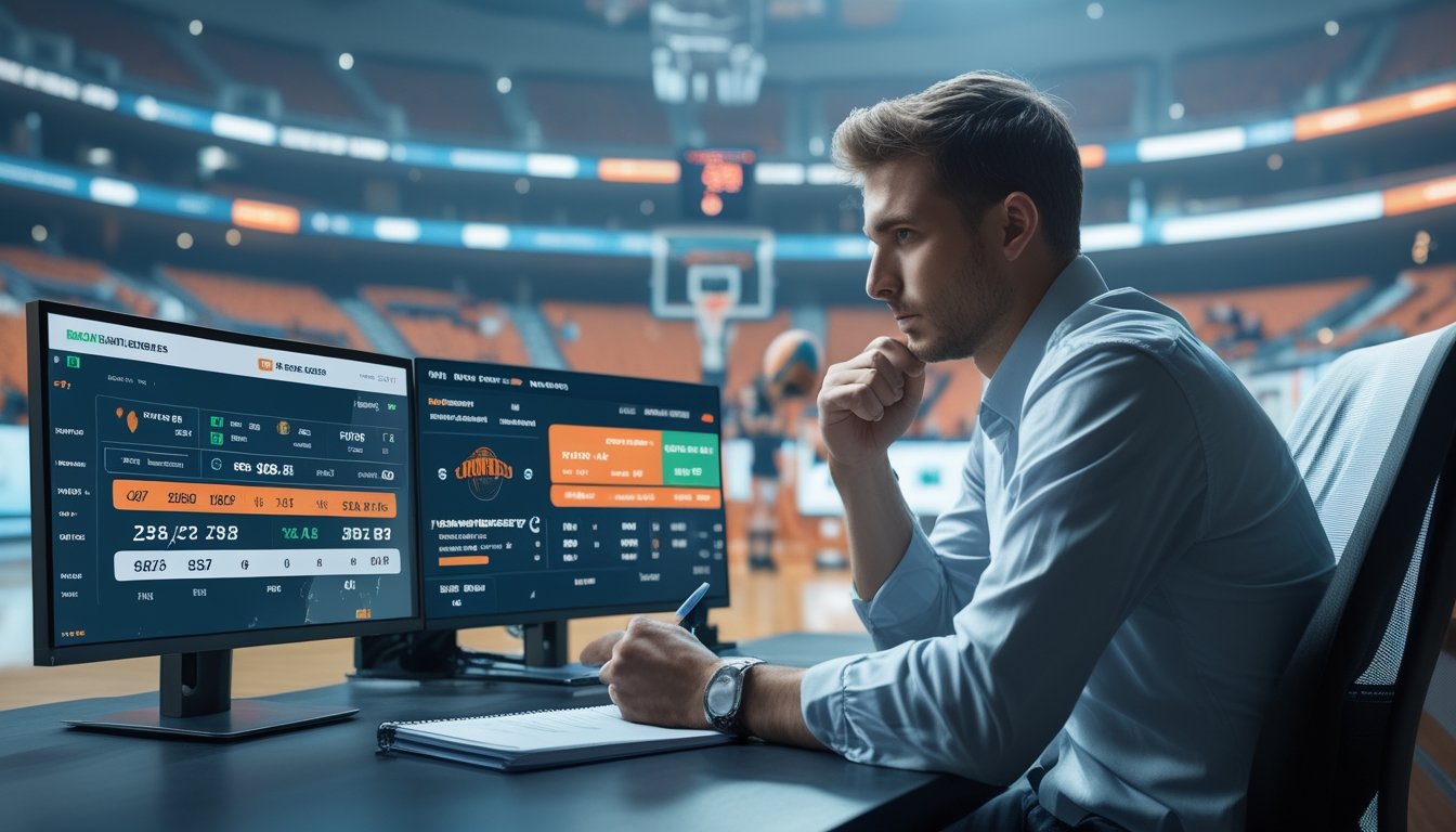 Seorang analis olahraga duduk di meja dengan beberapa layar menampilkan statistik dan skor pertandingan basket, sementara di latar belakang terlihat lapangan basket dengan pemain yang sedang bermain.