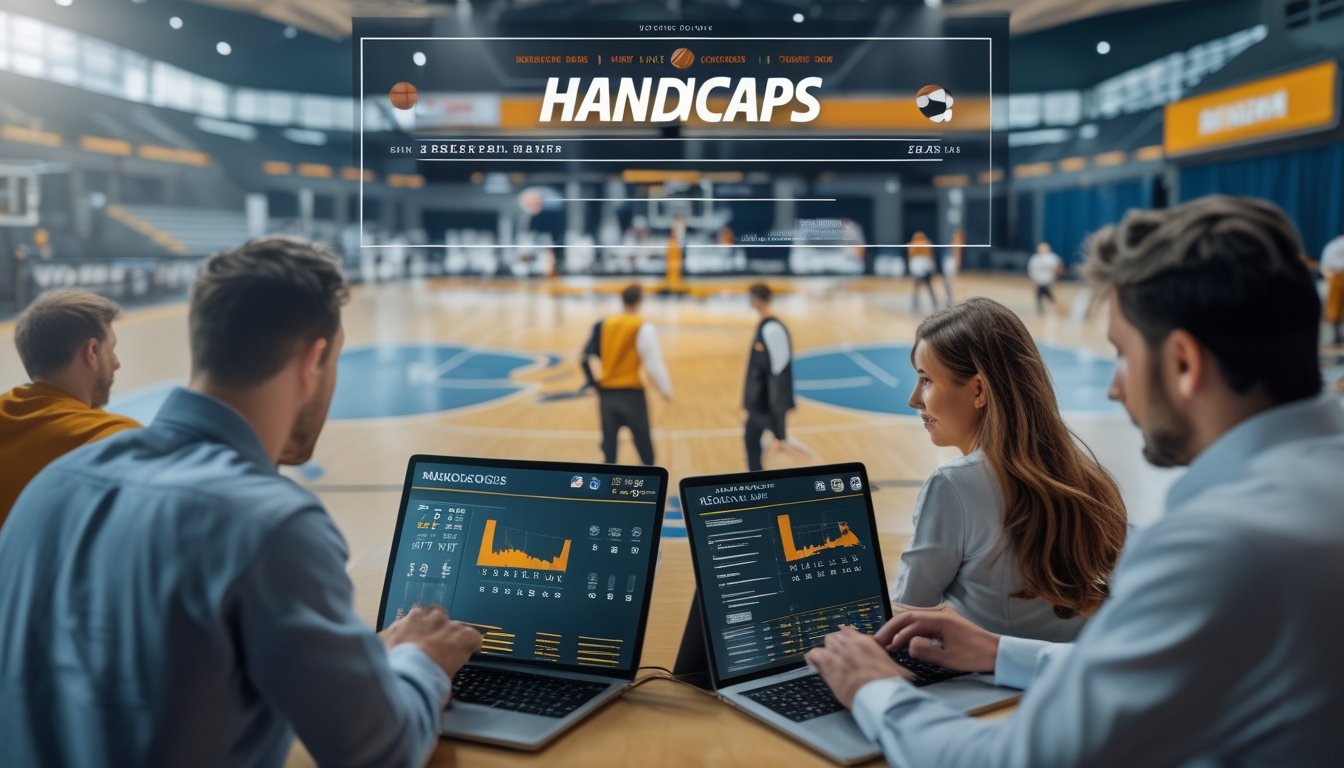 Sekelompok orang sedang menganalisis statistik dan peluang taruhan bola basket dengan lapangan basket dan pemain yang sedang bermain di latar belakang.