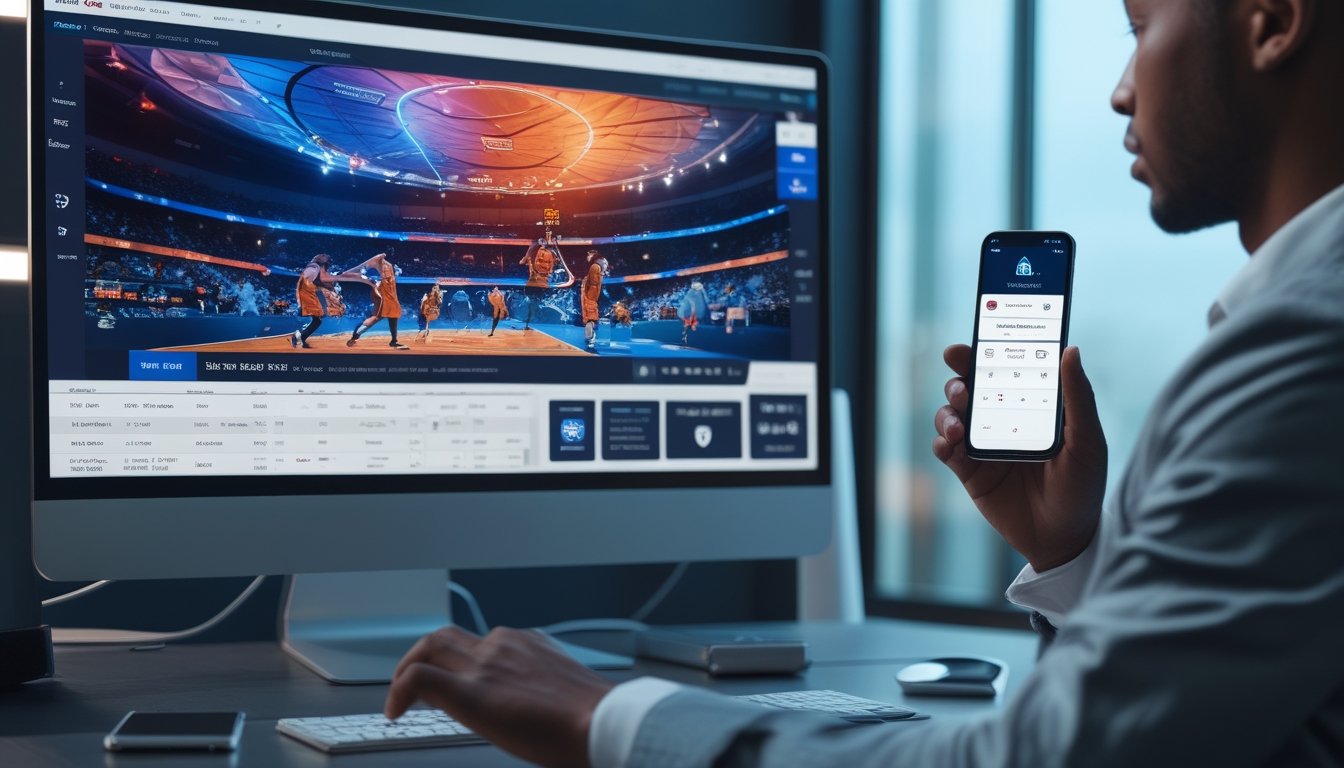 Seseorang menggunakan komputer dan ponsel untuk taruhan bola basket online di meja kerja yang rapi dengan latar belakang yang menunjukkan keamanan.