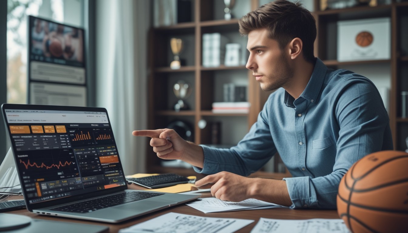 Seorang pria muda sedang menganalisis peluang taruhan basket di laptop di ruang kerja modern dengan bola basket dan catatan di meja.