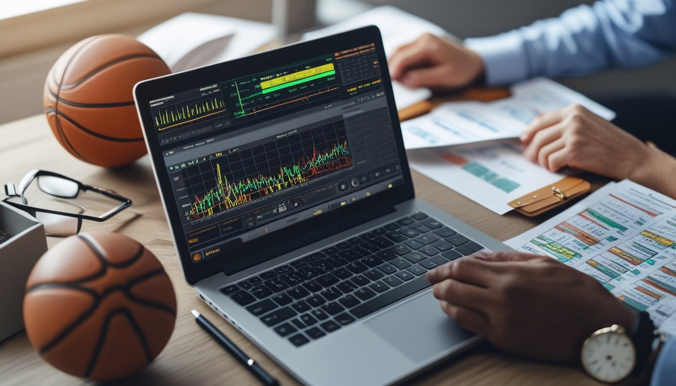 Meja kerja dengan laptop yang menampilkan grafik odds taruhan basket, bola basket di samping, dan tangan orang yang sedang menganalisis data taruhan.