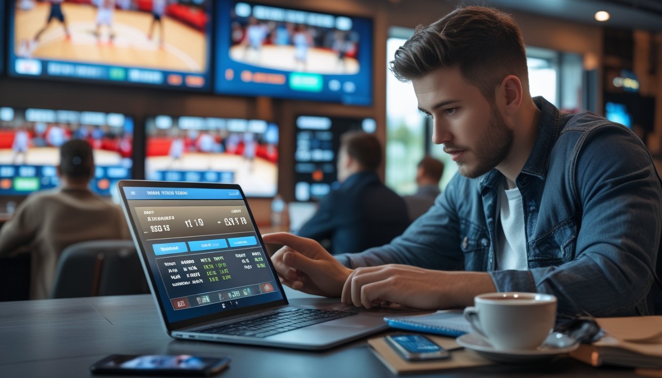 Seorang pria muda fokus menggunakan laptop dan perangkat lain untuk memasang taruhan langsung saat pertandingan basket sedang berlangsung di layar besar.