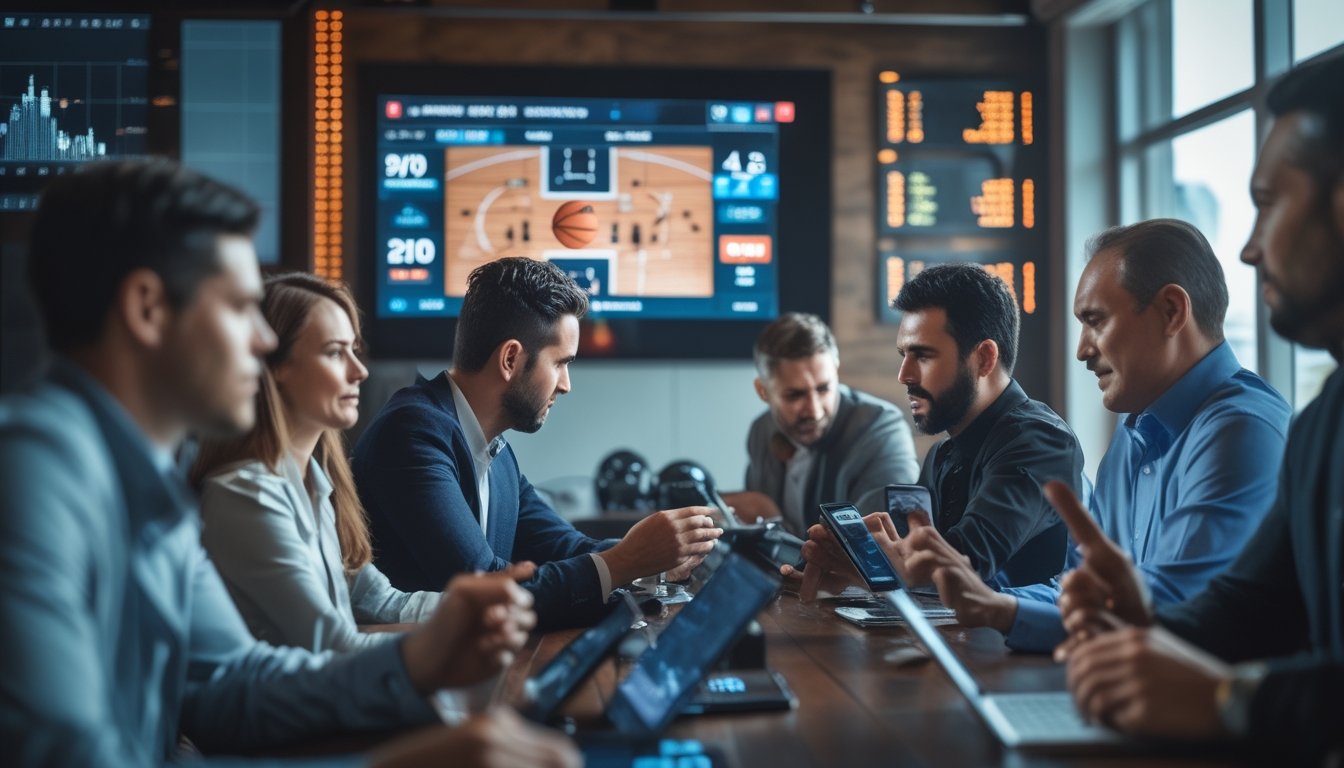 Sekelompok orang menonton pertandingan basket secara langsung sambil menggunakan perangkat digital untuk memasang taruhan.