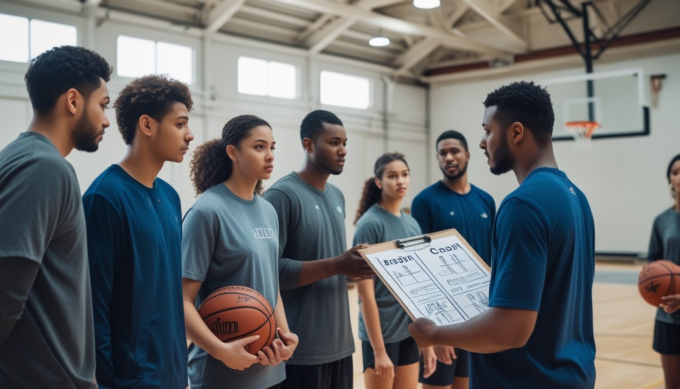 Sekelompok pemain basket pemula mendengarkan pelatih di lapangan basket dalam ruangan.
