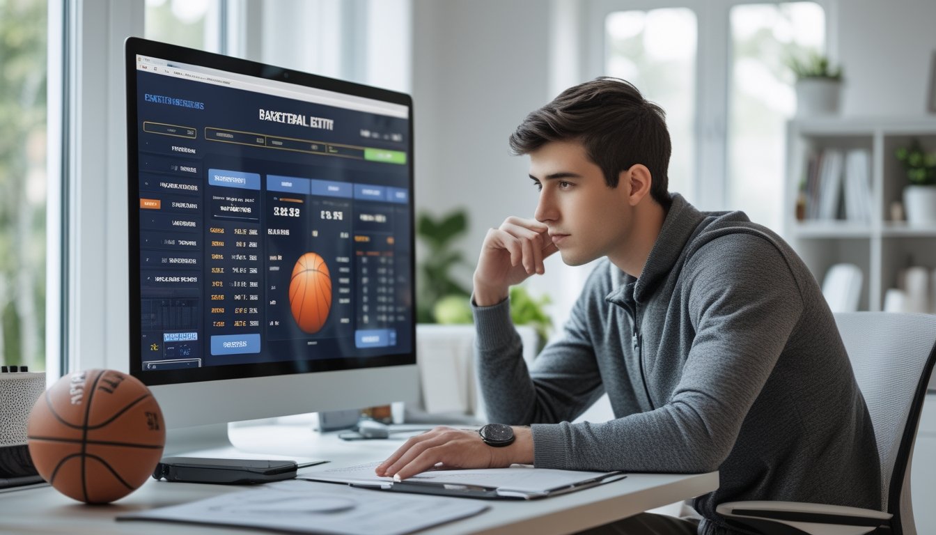 Seorang pria muda duduk di meja dengan komputer yang menampilkan statistik dan peluang taruhan basket, dikelilingi bola basket dan alat catatan, tampak fokus dan berhati-hati.