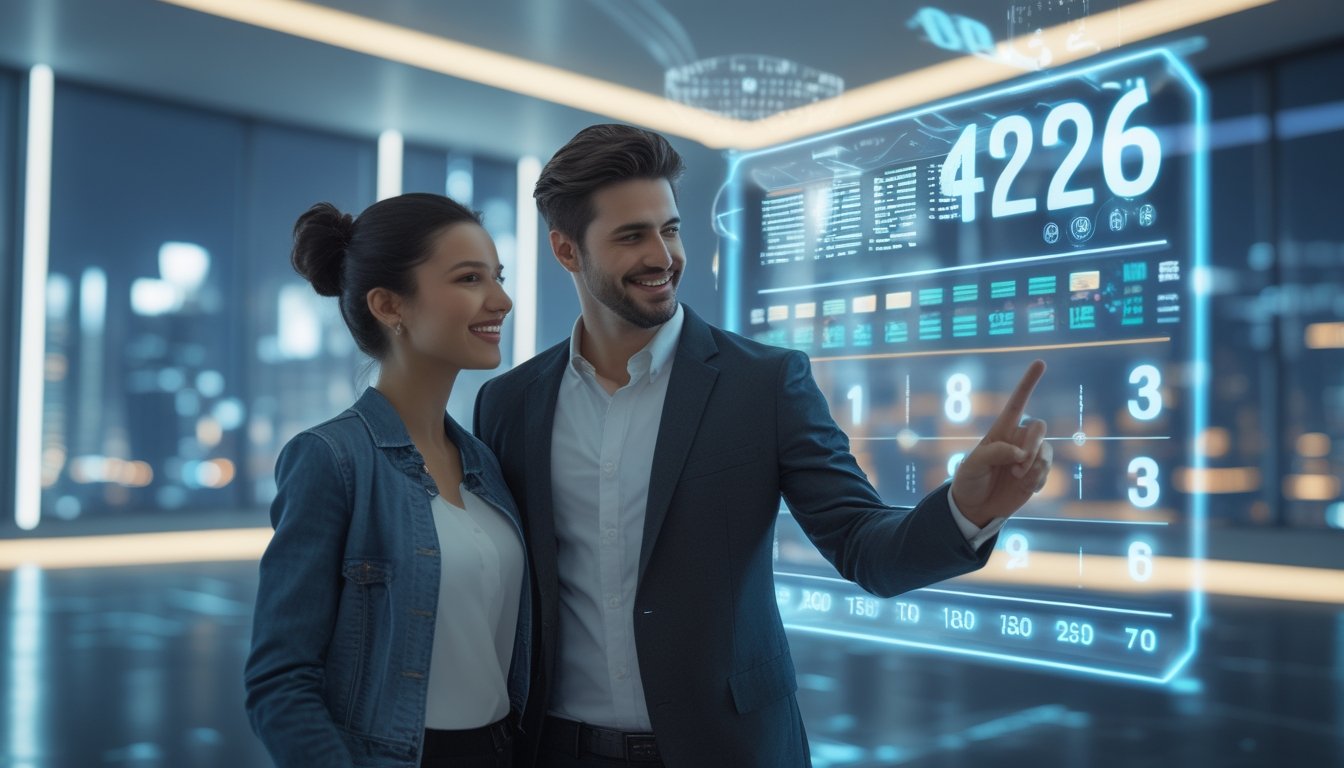 Dua orang muda berdiri di ruangan modern dengan layar digital dan angka holografik, tersenyum sambil melihat layar besar yang menampilkan angka jackpot.