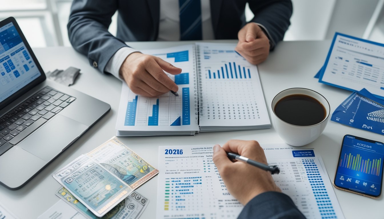 Seseorang sedang menganalisis data di meja kerja dengan laptop, tiket togel, dan kalender tahun 2026.