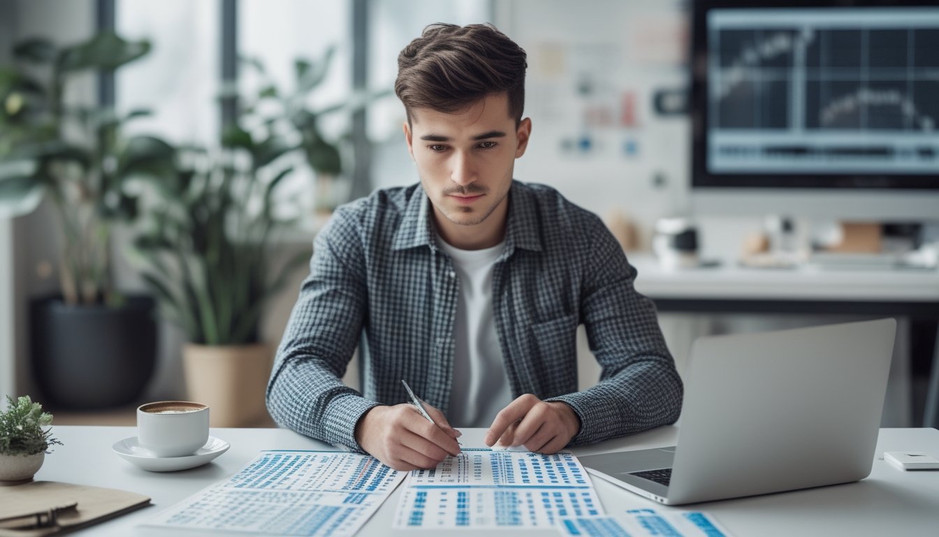 Seorang pria muda duduk di meja kantor dengan tiket lotre dan grafik, sedang merencanakan strategi dengan fokus.