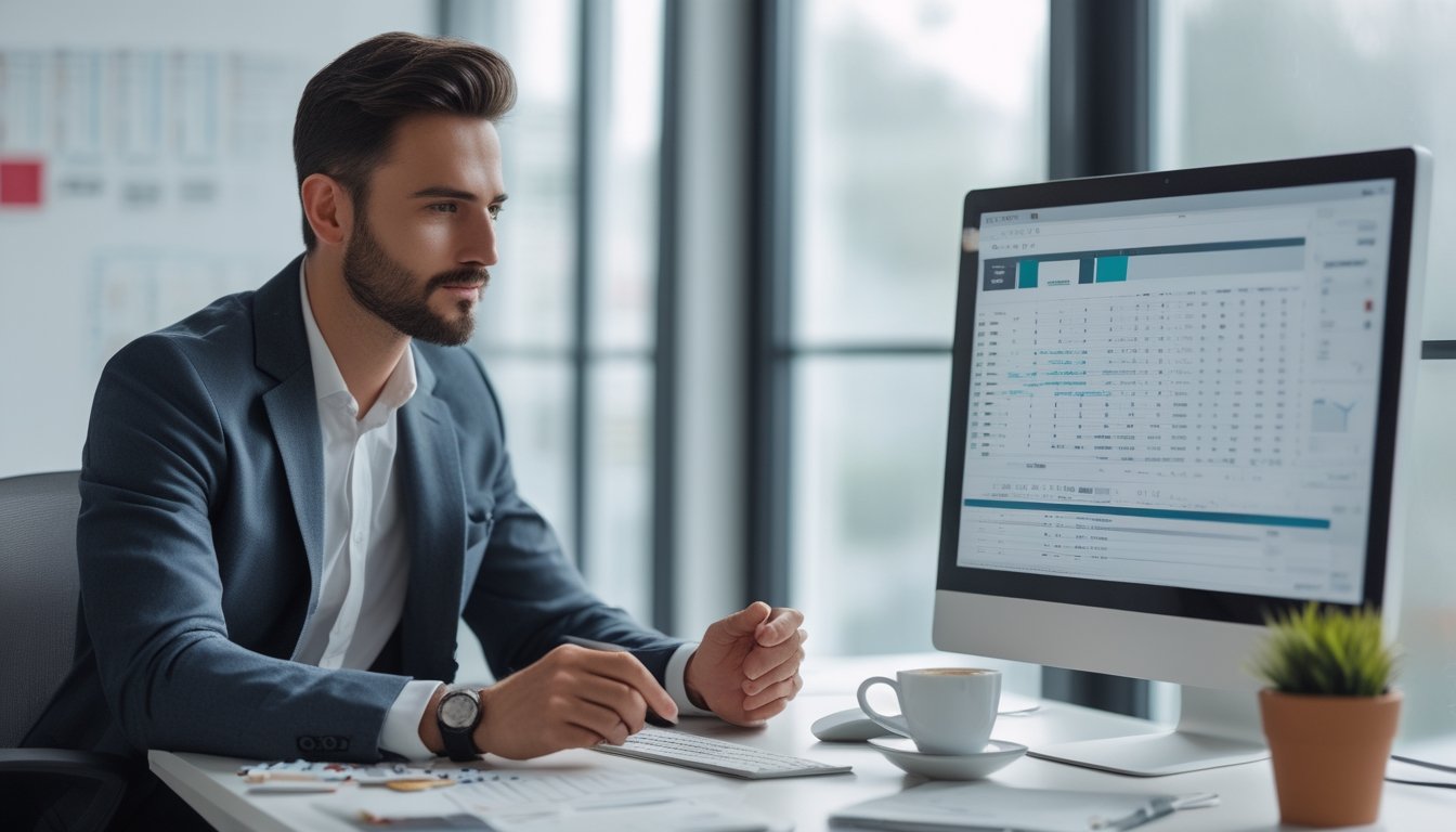 Seseorang yang fokus melihat layar komputer dengan grafik dan angka di ruang kantor yang terang dan rapi.