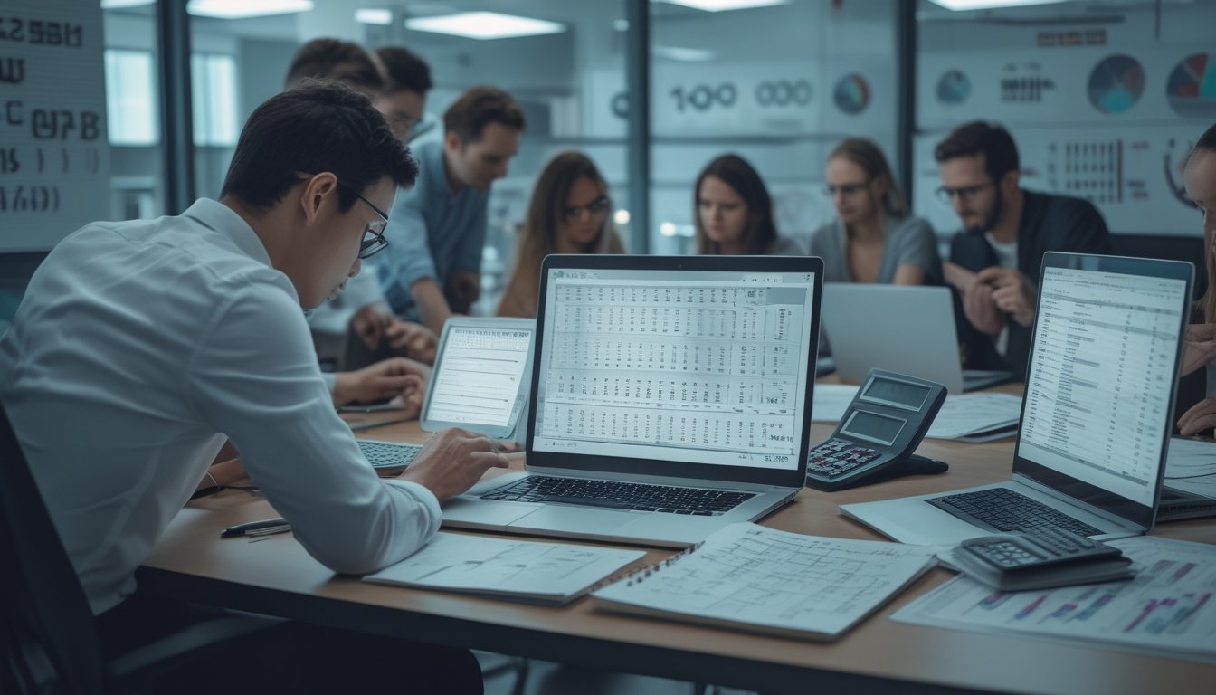Seseorang fokus menganalisis angka togel dengan beberapa layar digital dan kertas di kantor modern bersama tim yang bekerja sama.