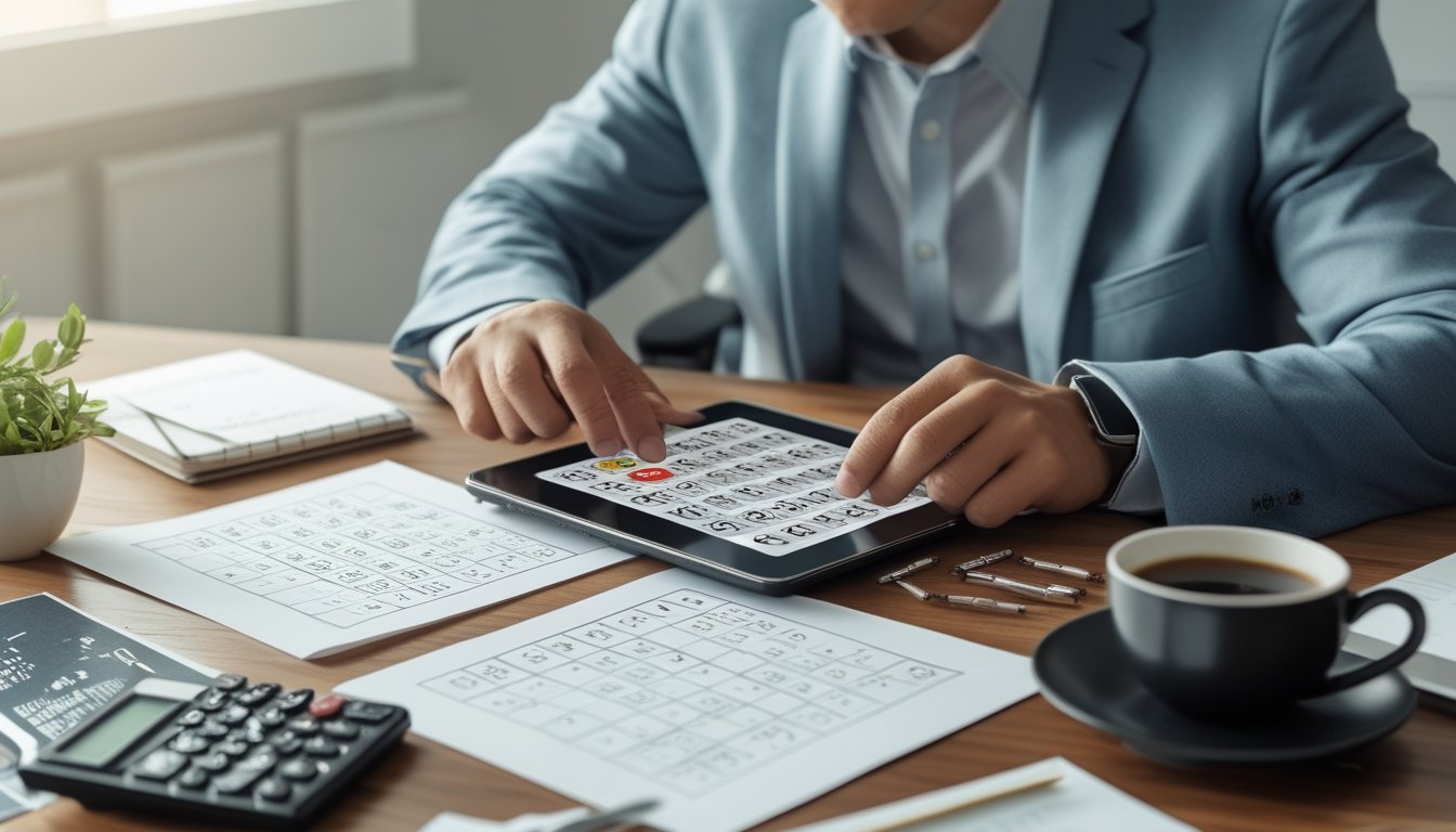 Seorang individu sedang menganalisis angka togel menggunakan tablet digital dan kertas di meja kerja dengan suasana kantor yang rapi.