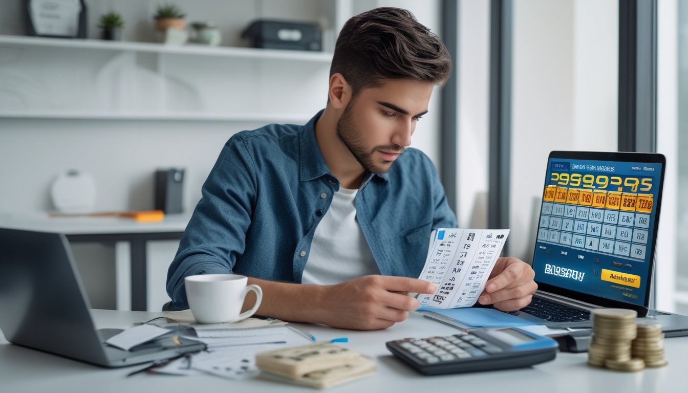 Seorang pria muda duduk di meja kerja, fokus memeriksa tiket togel dan melihat grafik di layar laptop dengan alat tulis dan kopi di sekitarnya.