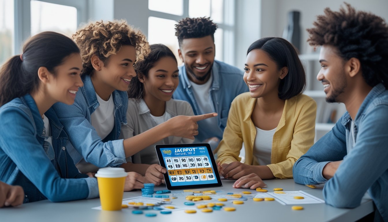 Sekelompok orang muda sedang belajar bermain permainan togel jackpot di meja dengan tiket dan tablet digital.