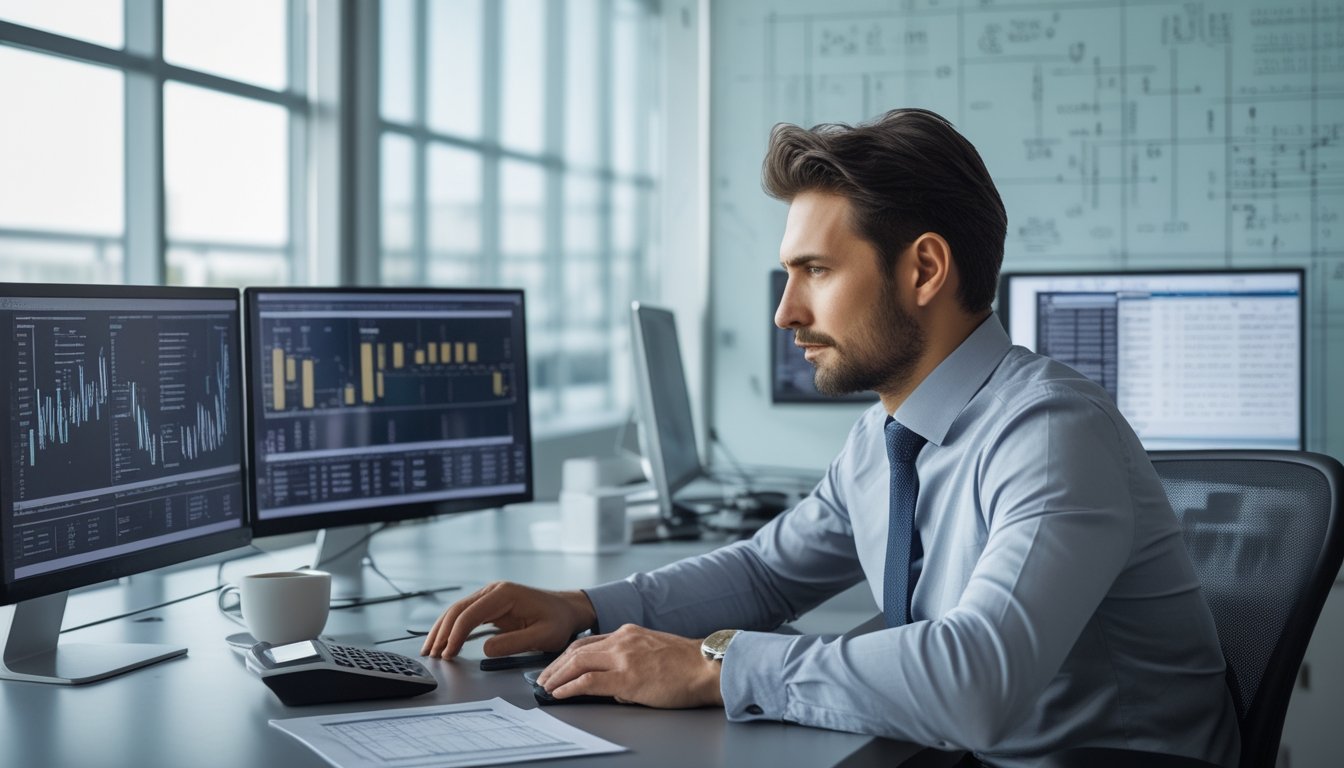 Seorang analis data bekerja di meja dengan beberapa monitor yang menampilkan grafik dan data statistik di kantor yang terang.
