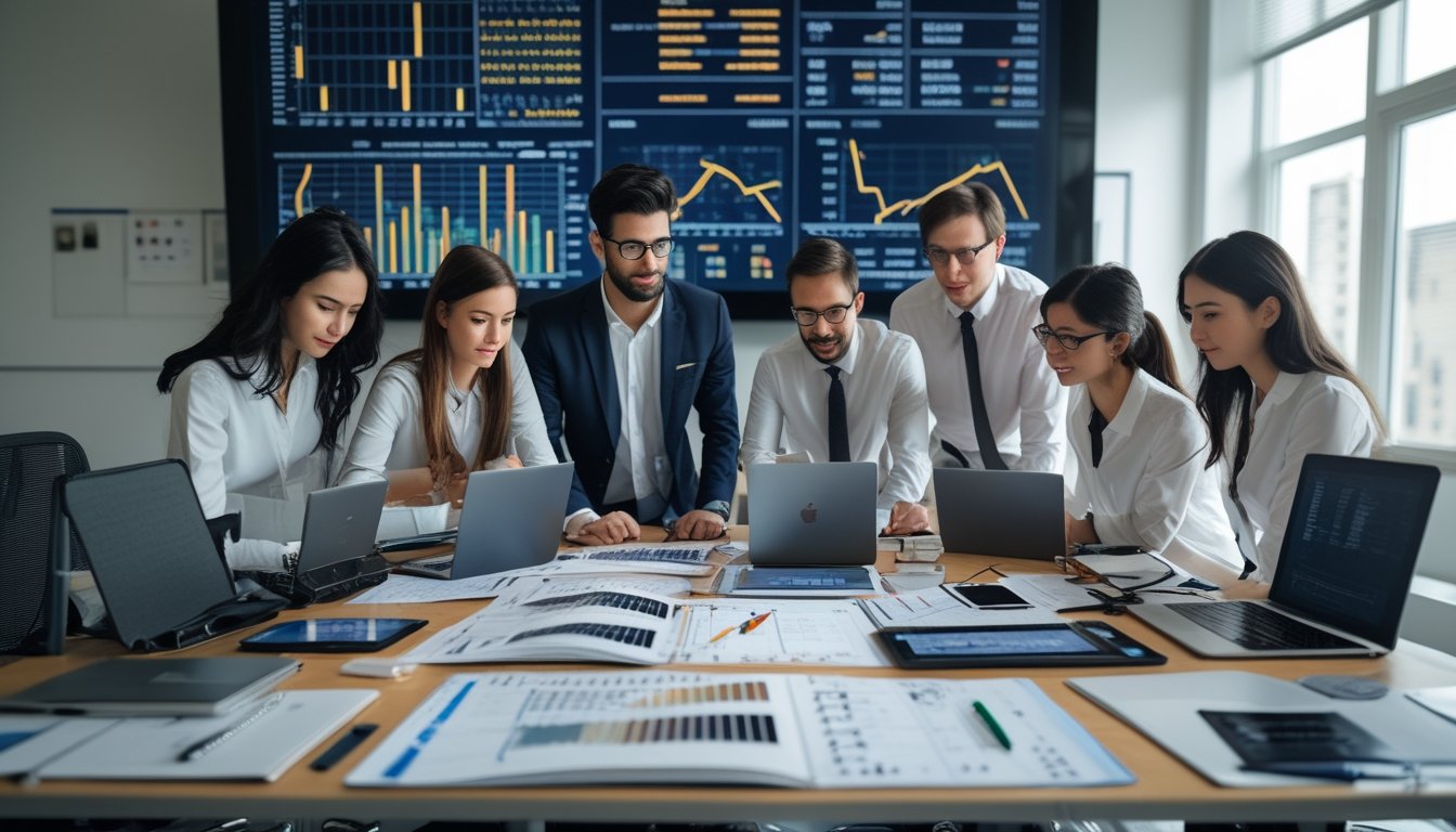 Sekelompok profesional sedang bekerja bersama di kantor dengan grafik statistik dan data angka di layar dan meja.