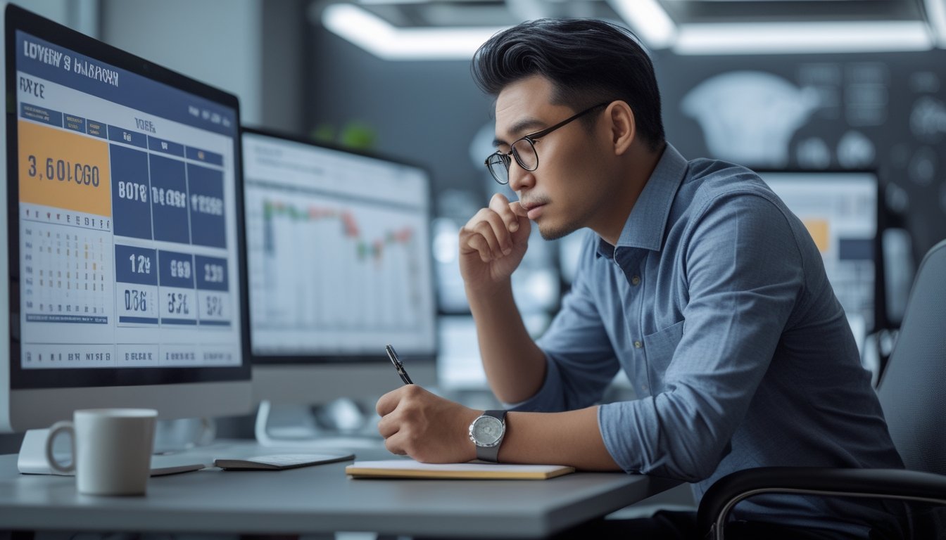 Seorang pria Asia duduk di meja kantor modern sambil menganalisis data di beberapa layar komputer dengan ekspresi fokus.