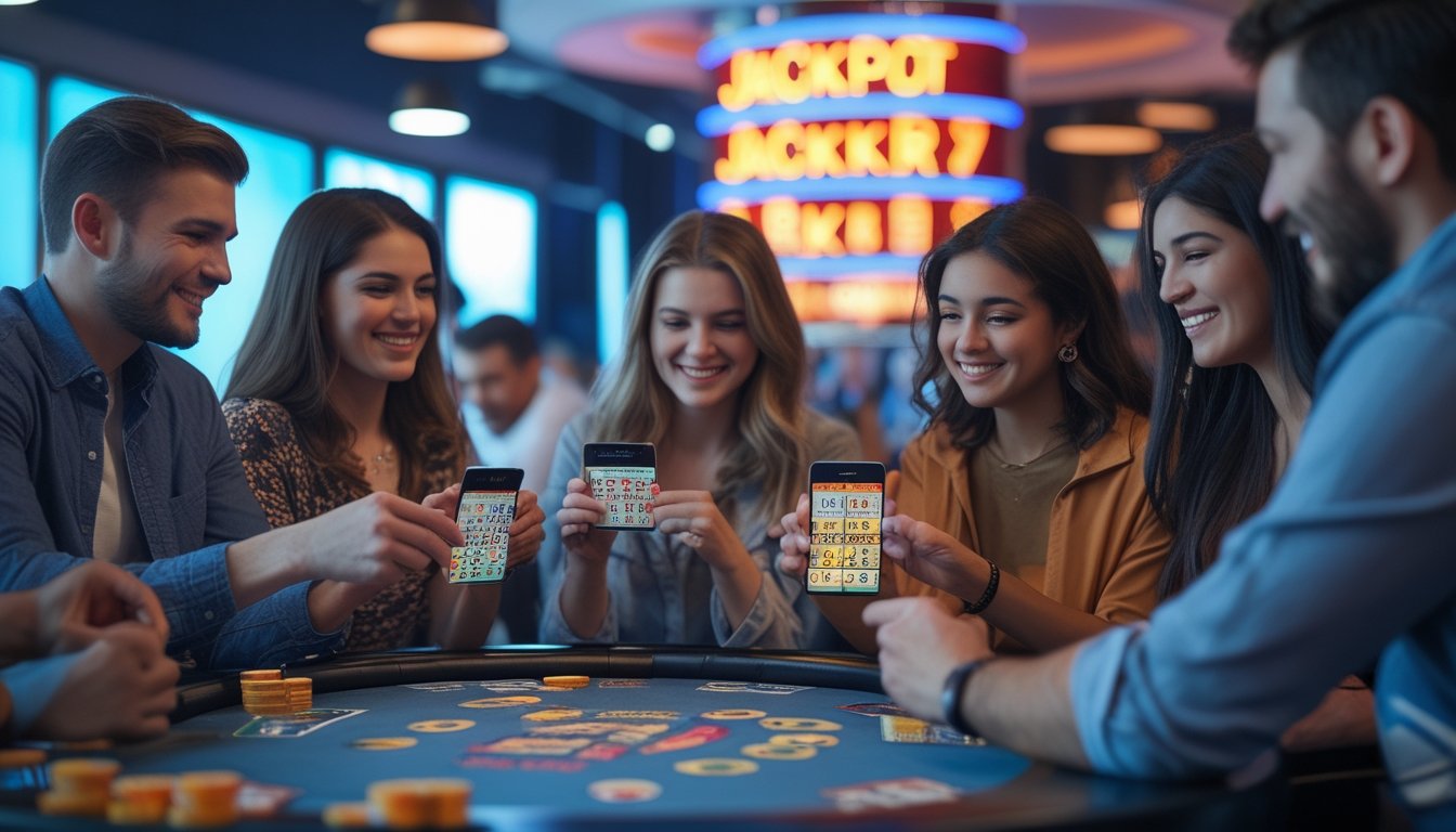 Sekelompok orang bermain permainan togel jackpot dengan ekspresi antusias di sebuah ruangan modern.