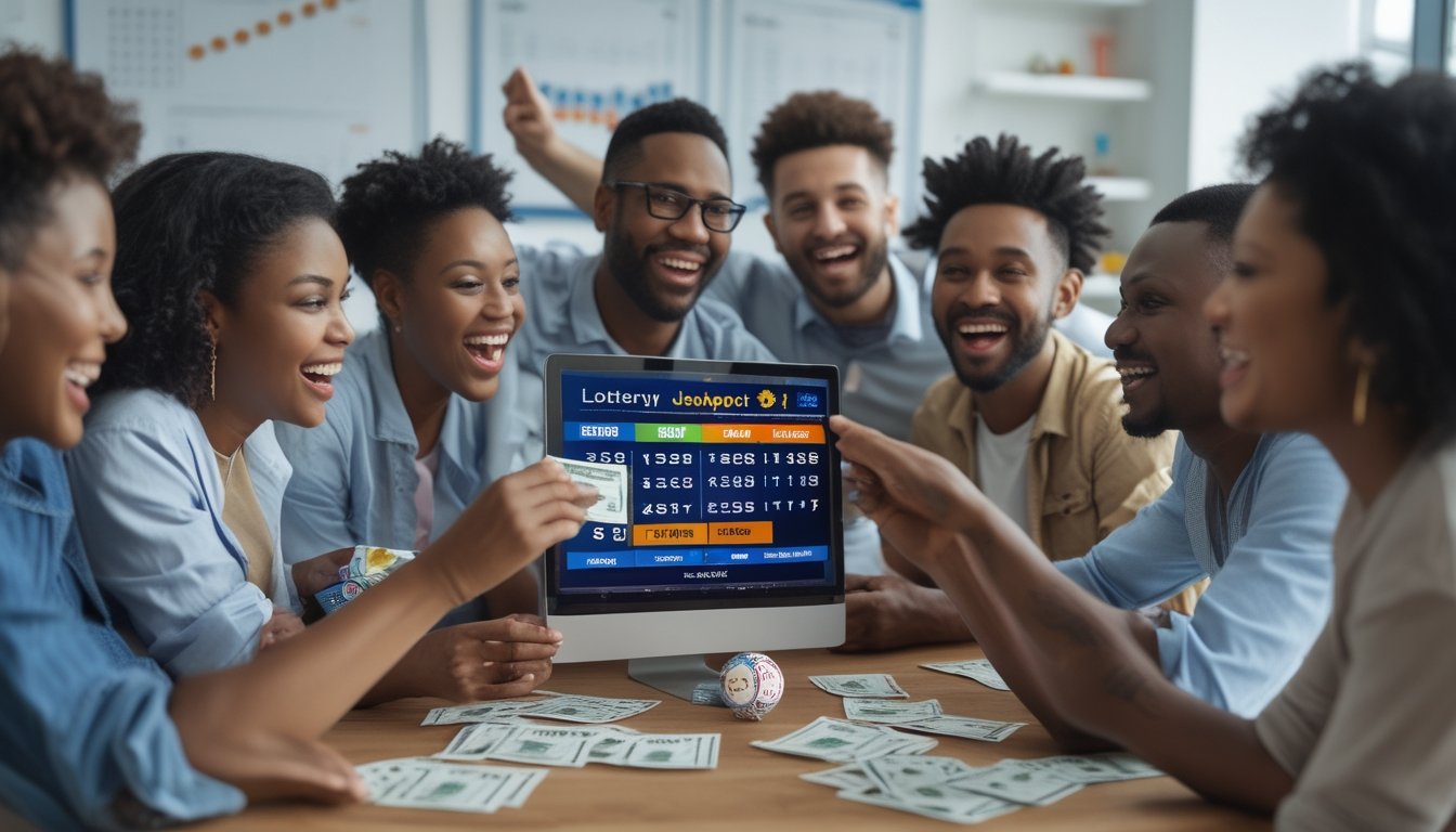 Sekelompok orang beragam berkumpul di sekitar meja, antusias melihat tiket togel dan angka jackpot pada layar digital.