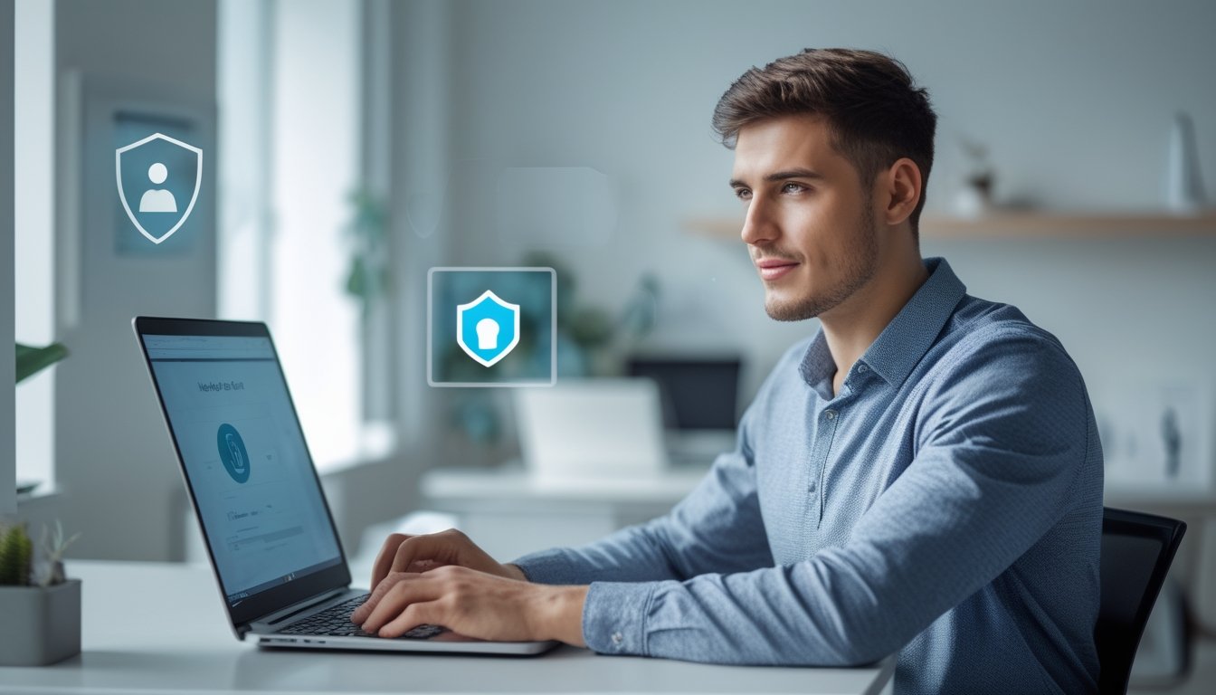 Seorang pria muda duduk di meja modern menggunakan laptop dengan ekspresi fokus di ruang kantor yang terang dan rapi.