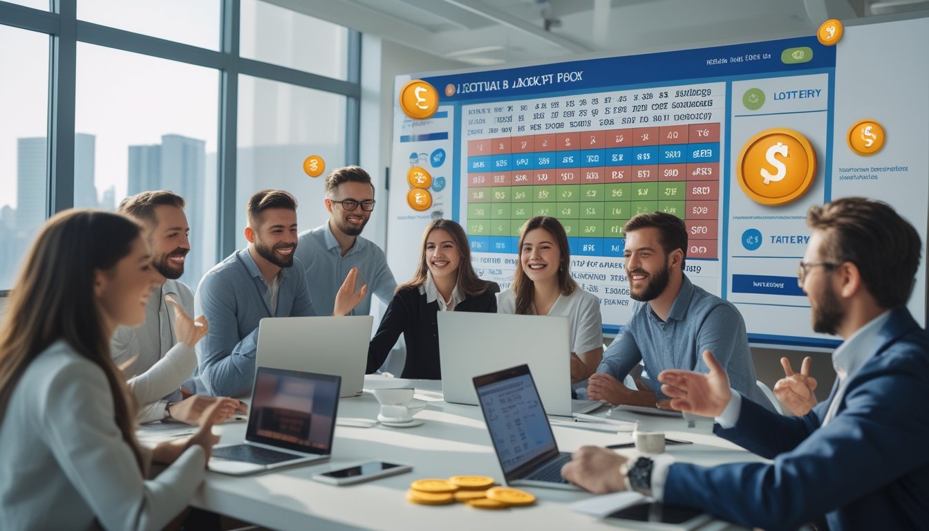 Sekelompok orang di kantor modern sedang melihat layar komputer yang menampilkan hasil togel dan jackpot, dengan suasana ceria dan penuh semangat.