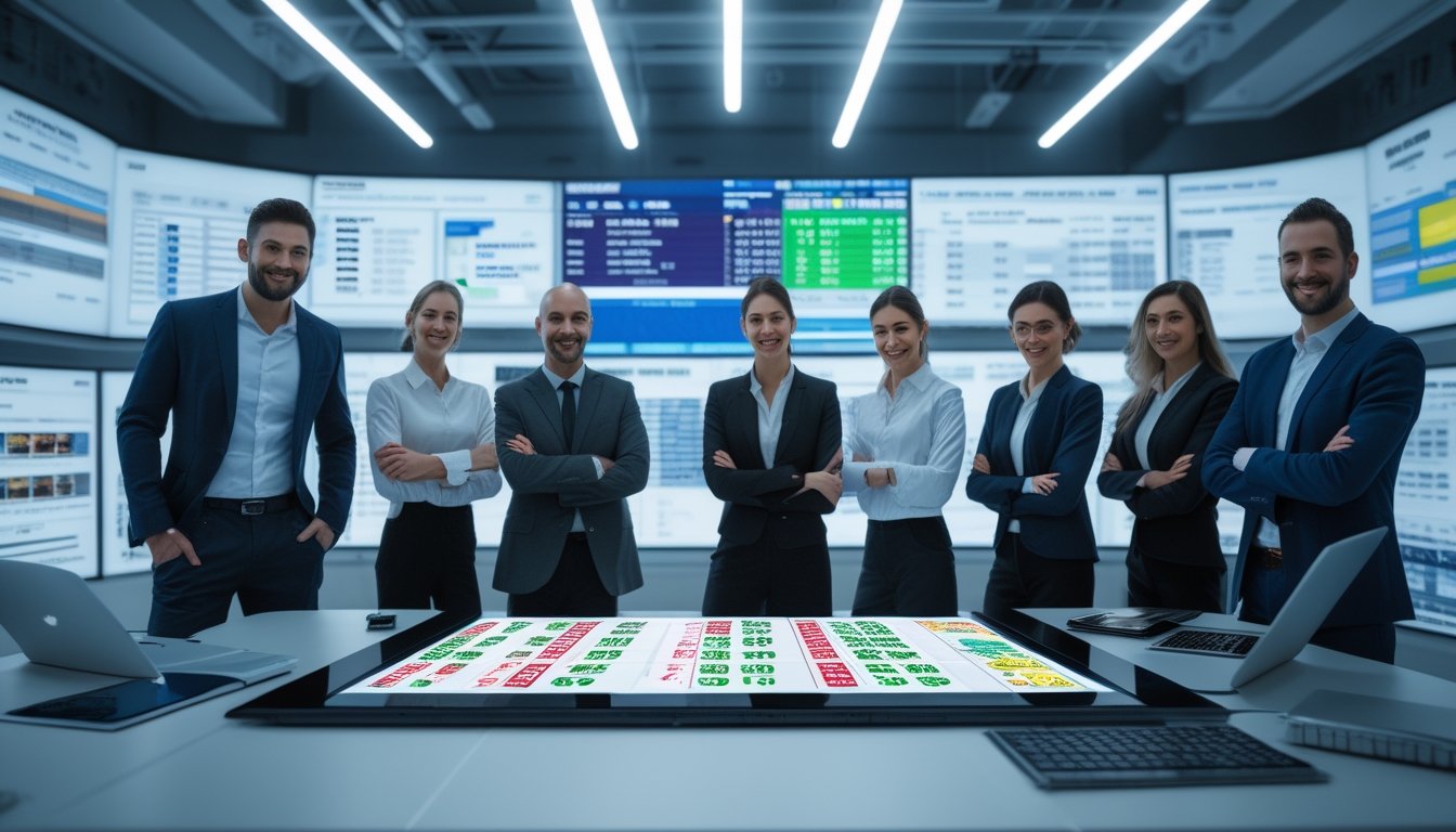 Sekelompok profesional bekerja bersama di kantor modern dengan layar digital menampilkan grafik dan angka jackpot lotere.