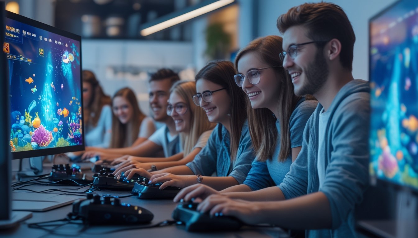 Sekelompok orang muda sedang bermain game tembak ikan di komputer dengan latar ruangan modern dan pencahayaan cerah.
