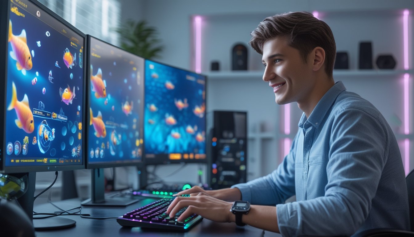 Seorang dewasa muda sedang bermain game tembak ikan di komputer dengan layar menampilkan ikan berwarna-warni di latar bawah laut.