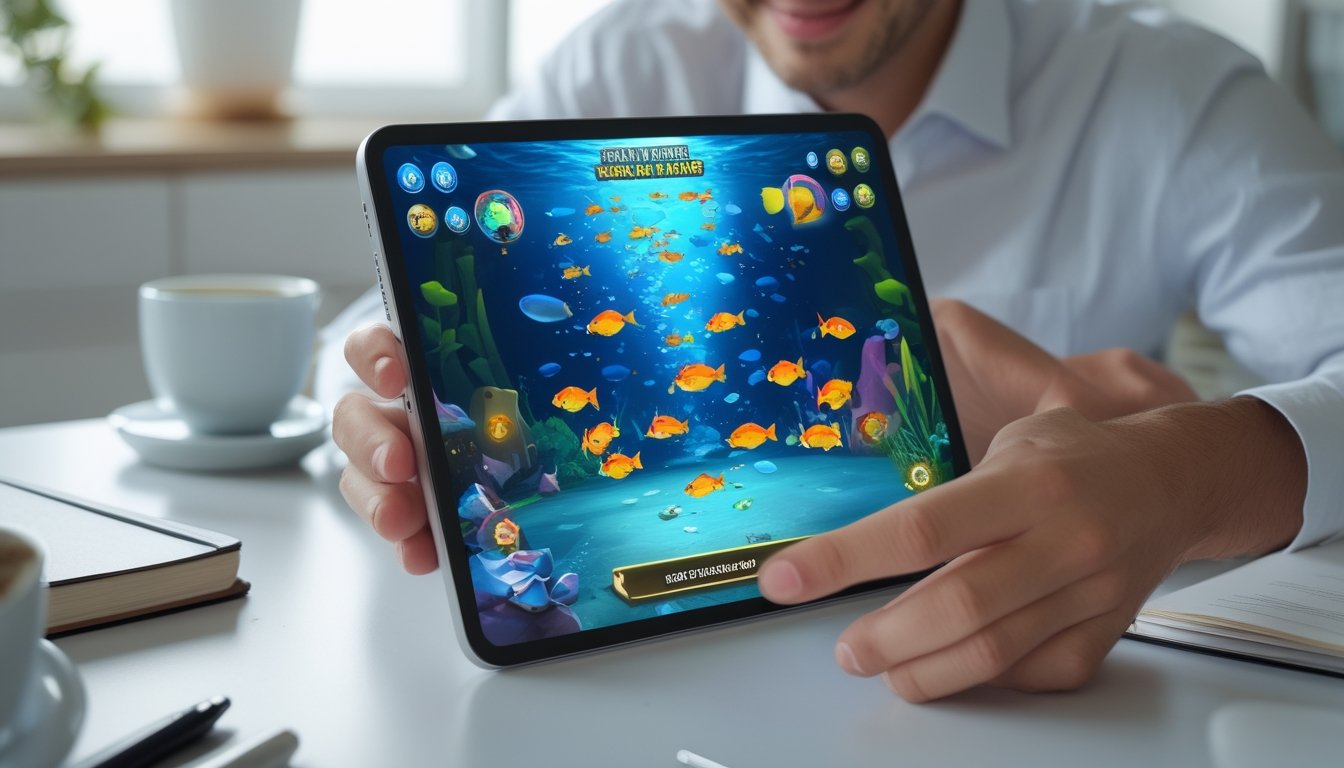 Seseorang sedang bermain game tembak ikan online di tablet dengan latar meja kerja yang rapi.