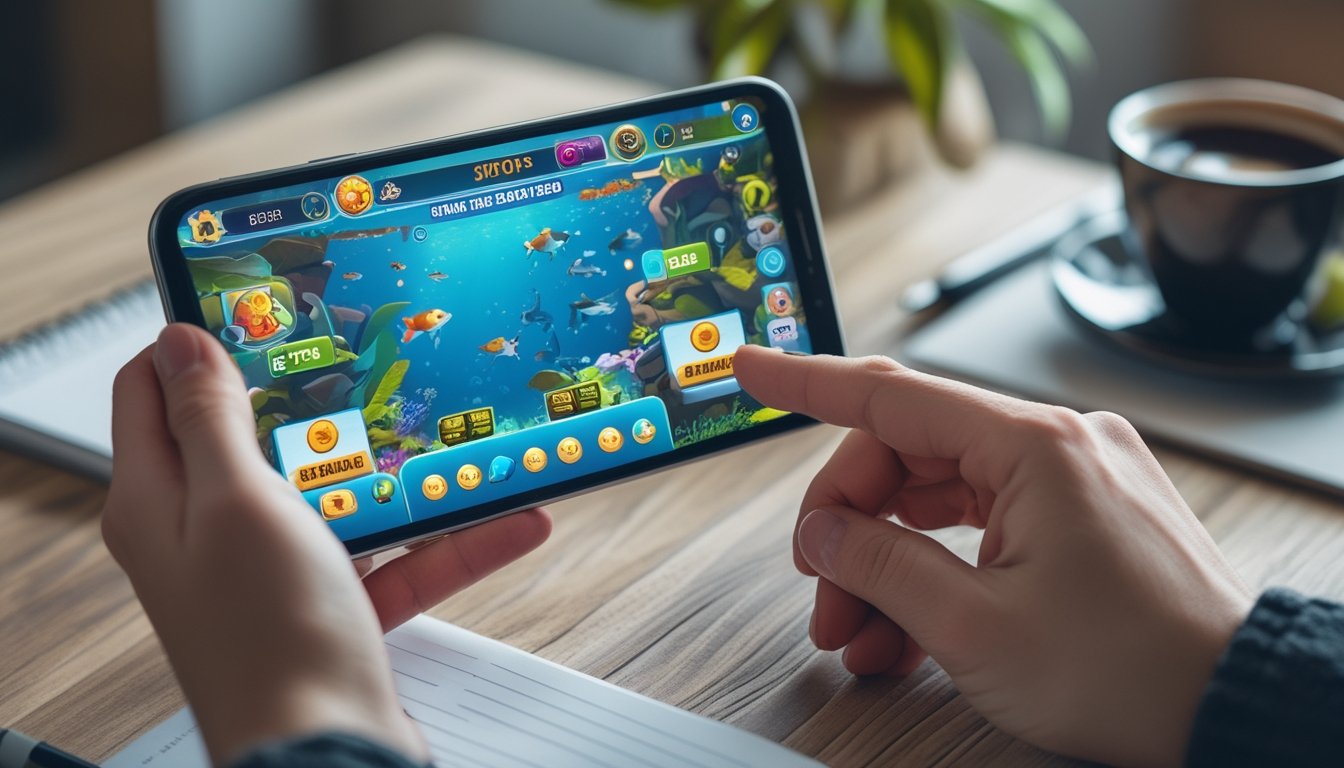 Seseorang menggunakan ponsel dengan tampilan permainan tembak ikan online di layar dalam suasana rumah yang nyaman.