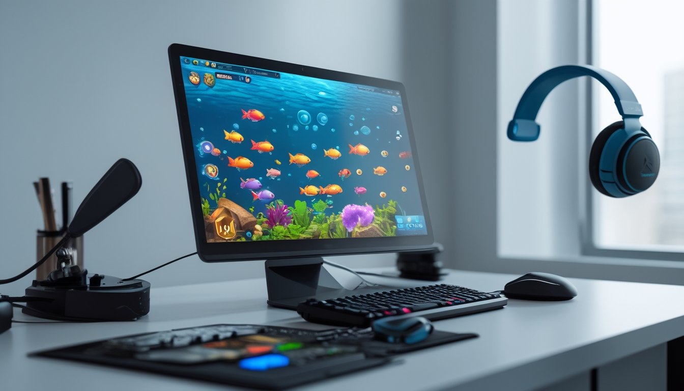Seorang pengguna sedang bermain game tembak ikan di komputer di ruang kerja yang rapi dan terang.