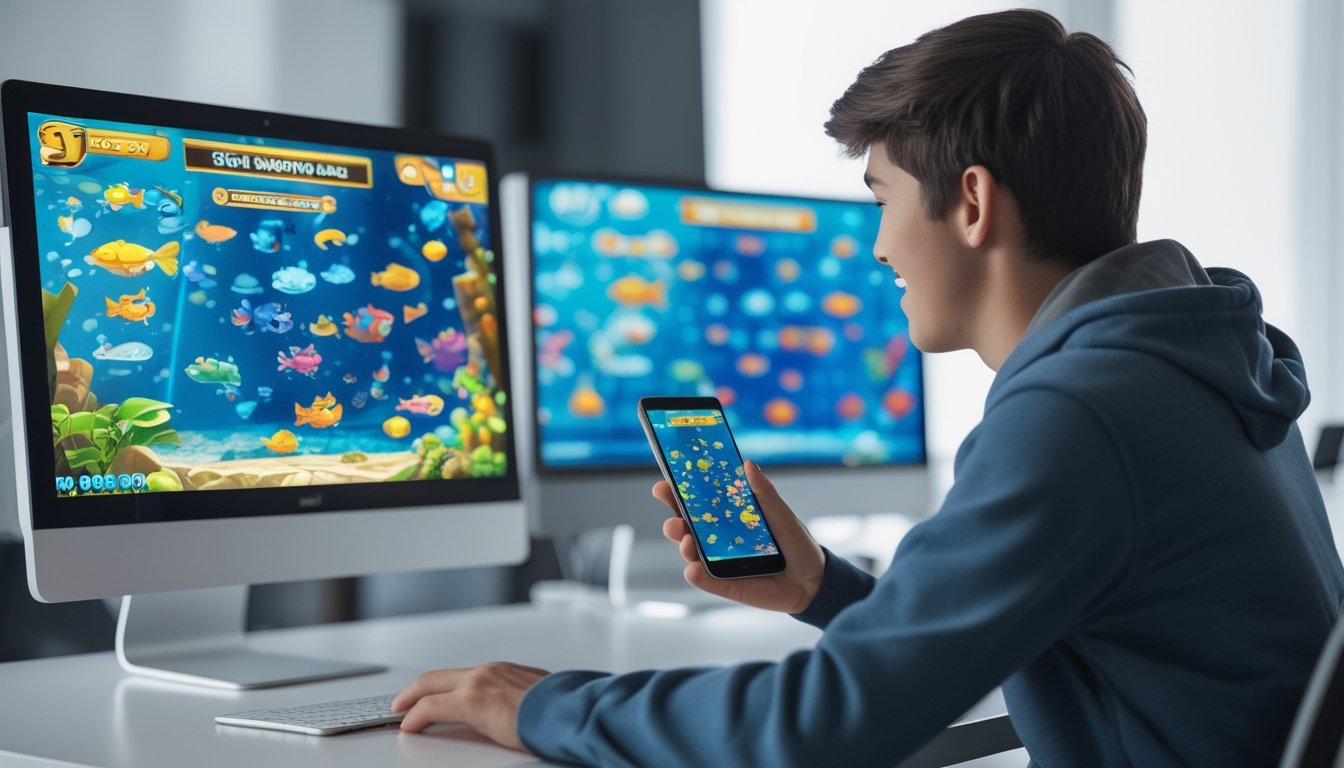 Seorang pemain muda sedang bermain game tembak ikan di komputer dan ponsel di meja yang rapi.