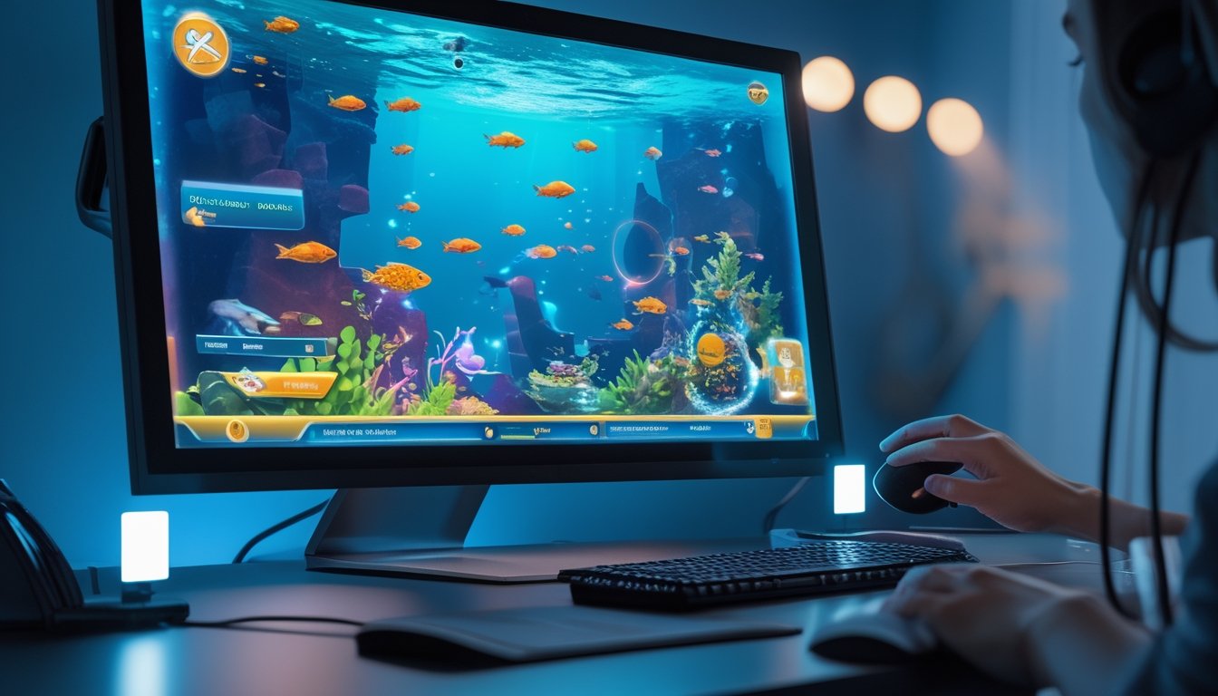 Seseorang bermain game tembak ikan di komputer dengan layar menampilkan ikan berwarna-warni di bawah laut.