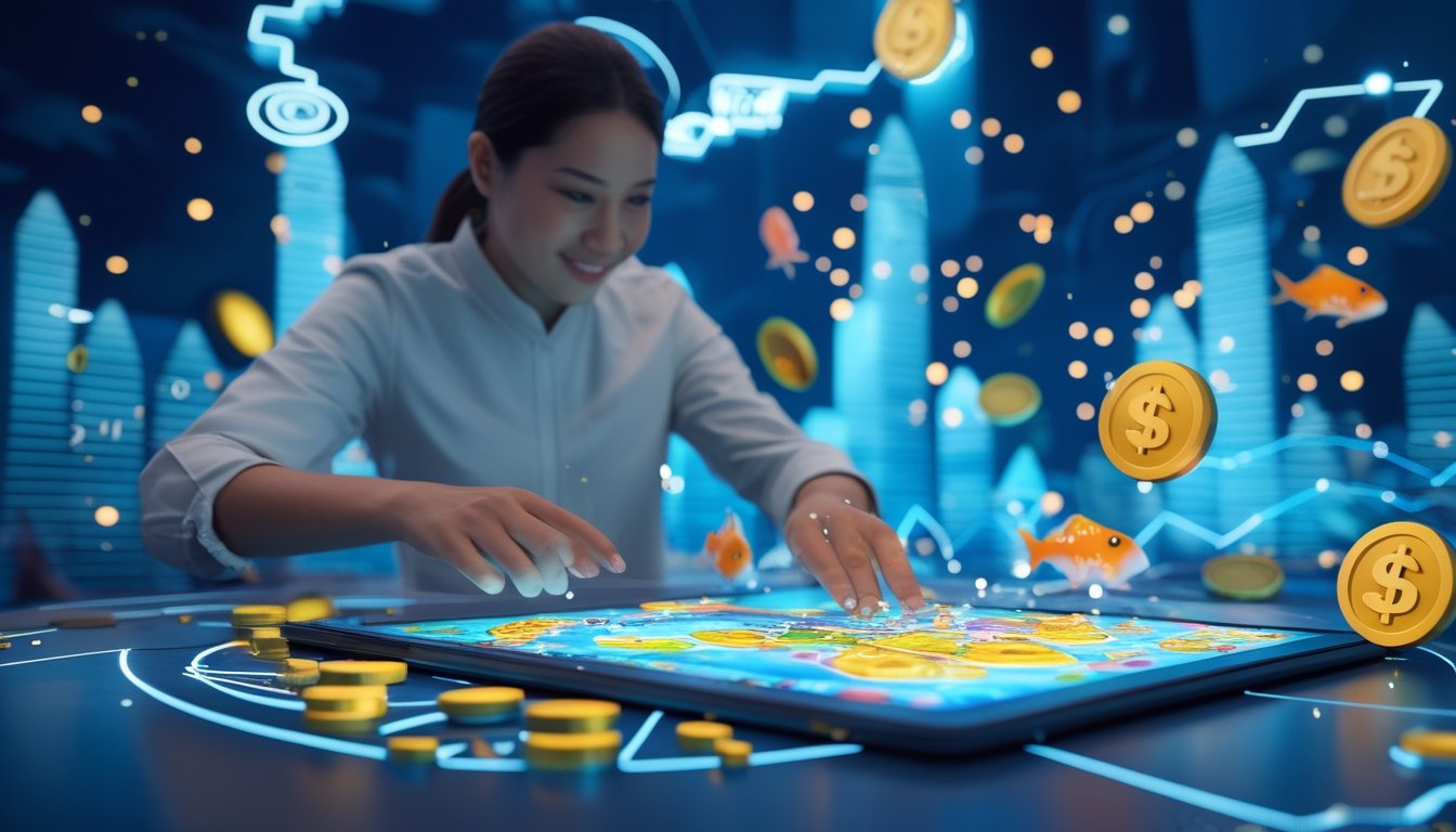 Seorang pemain dewasa menggunakan perangkat layar sentuh dengan latar bawah laut dan efek visual koin serta grafik naik yang menunjukkan keuntungan permainan Tembak Ikan.