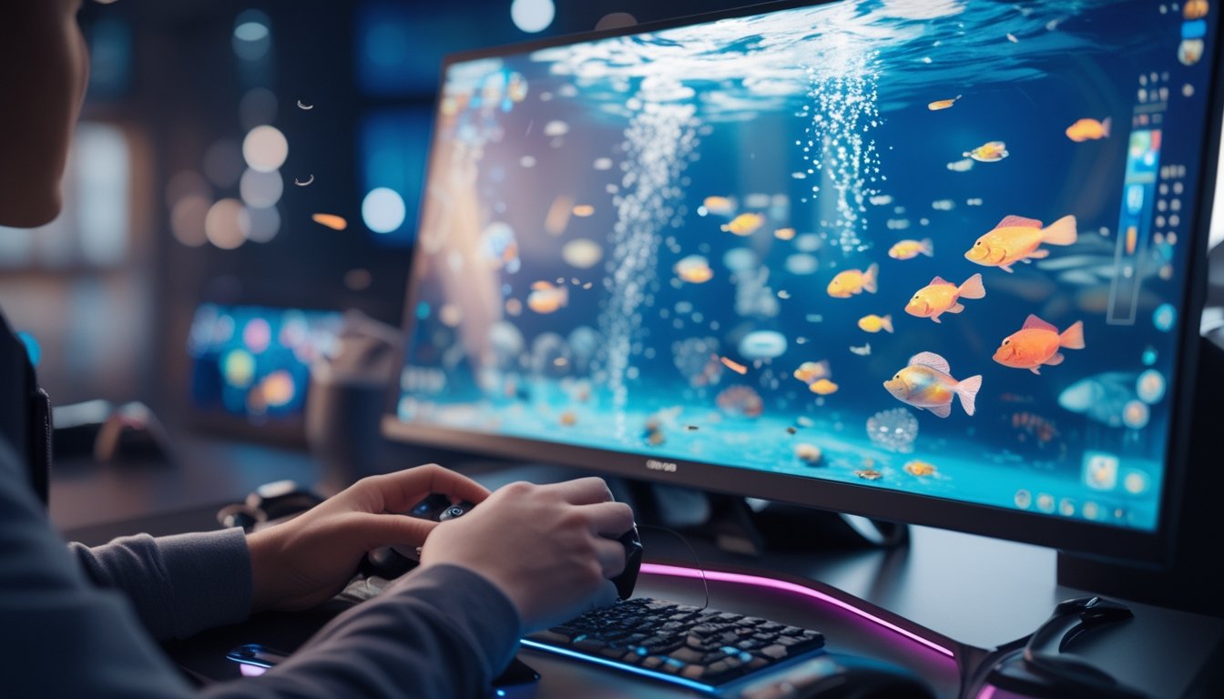 Seseorang sedang bermain game menembak ikan di komputer dengan layar menampilkan ikan-ikan berwarna-warni di bawah laut.