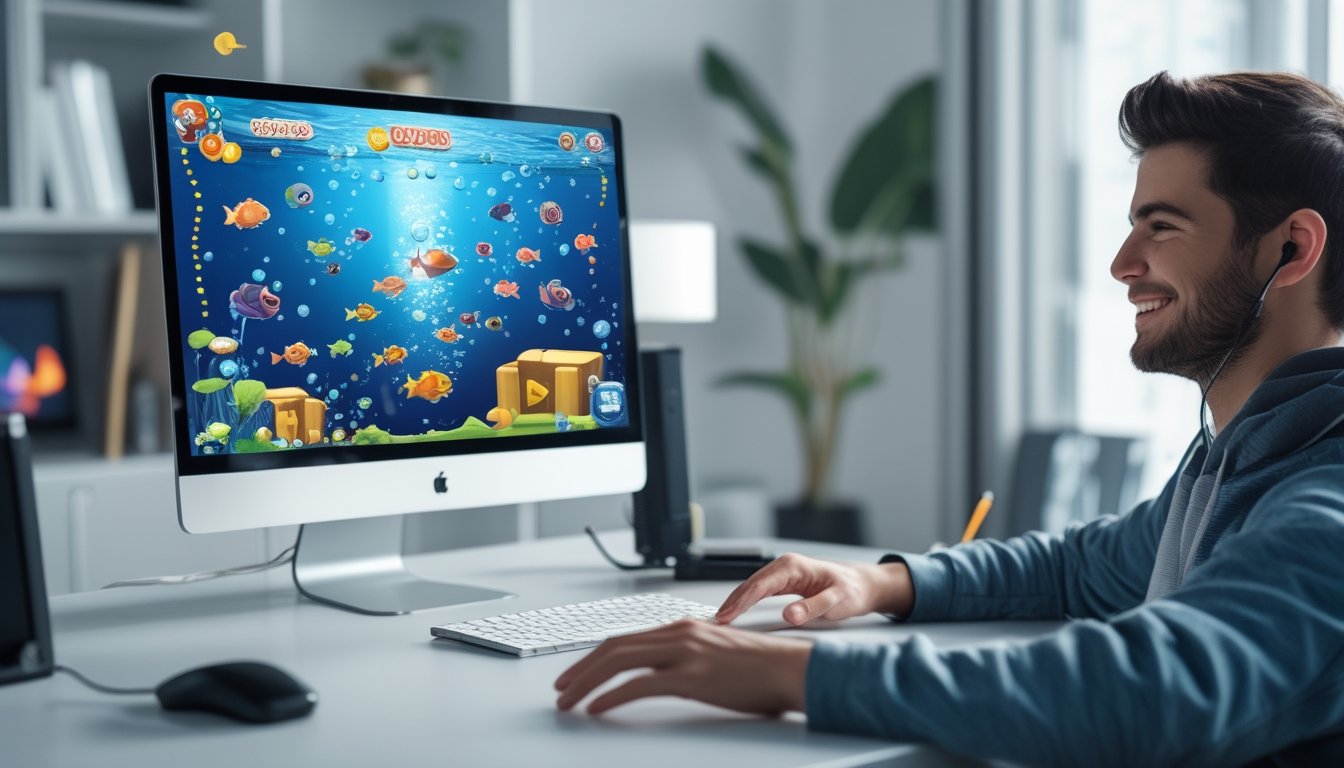 Seorang pemain muda sedang bermain permainan tembak ikan di perangkat digital dengan latar belakang grafis ikan berwarna-warni dan ikon bonus di layar.
