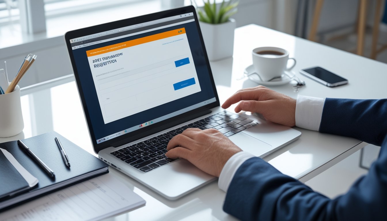 Seseorang sedang mengetik di laptop di meja kerja dengan alat tulis dan ponsel di sekitarnya, mempersiapkan pendaftaran online.