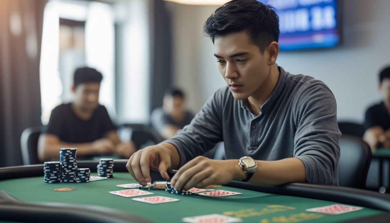 Seorang pria muda fokus bermain permainan kartu Ceme di meja permainan dengan suasana turnamen.