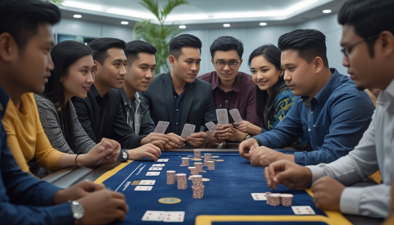 Sekelompok orang sedang bermain kartu Ceme di sebuah meja dalam suasana turnamen.