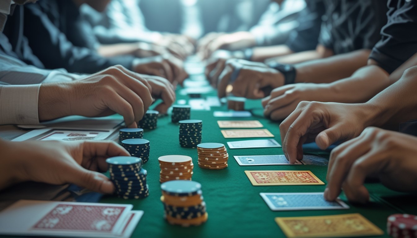 Seorang pemain yang fokus mengamati pola kartu lawan di meja turnamen Ceme dengan kartu dan tumpukan chip di meja.