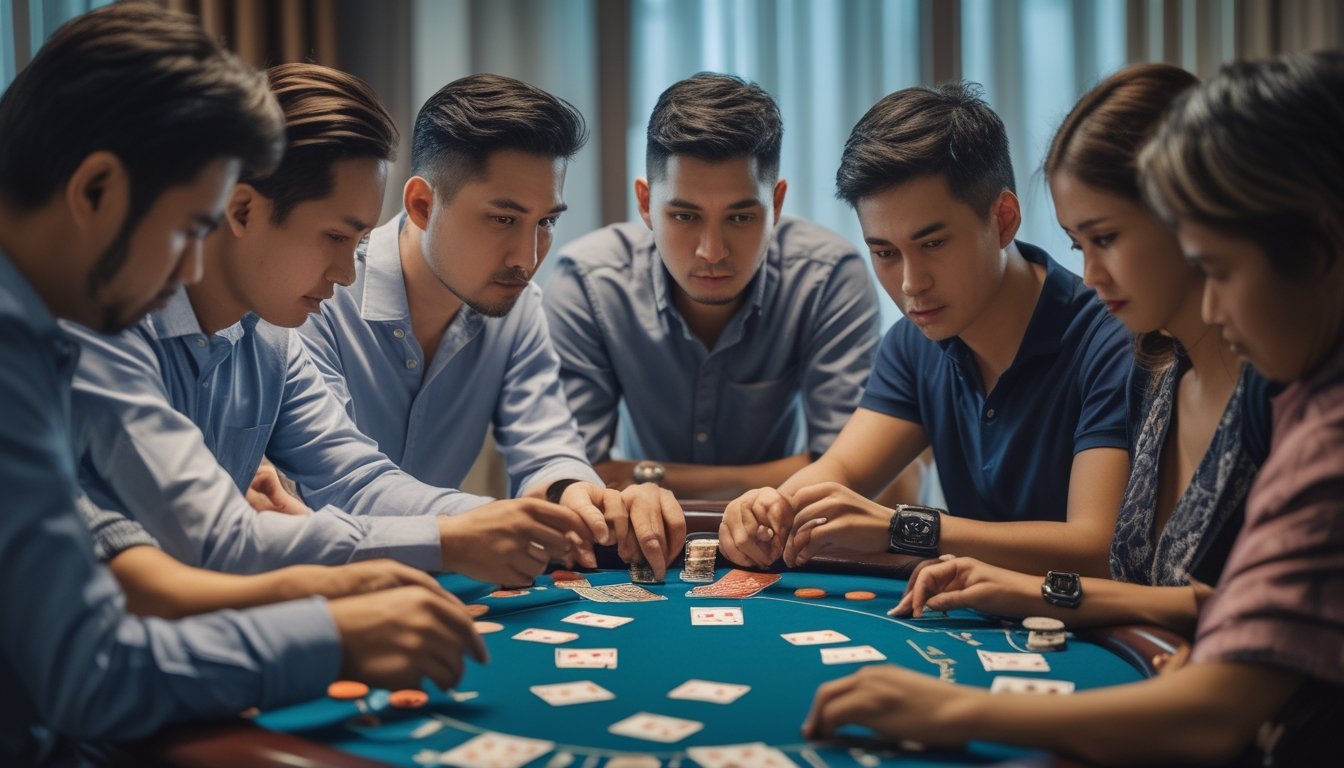 Sekelompok orang fokus bermain permainan kartu Ceme di meja turnamen dengan ekspresi serius dan suasana kompetitif.