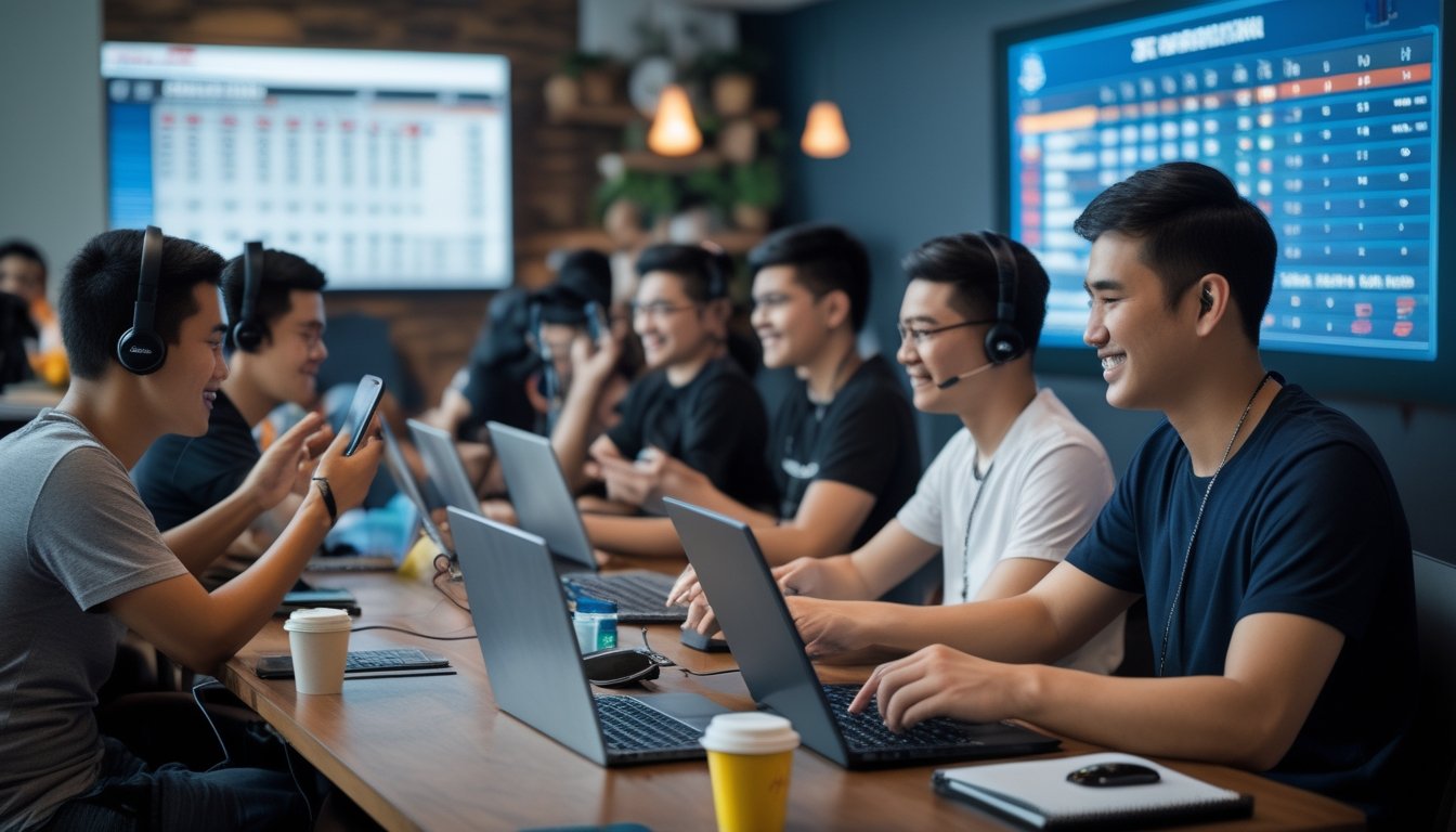 Beberapa orang bermain permainan kartu Ceme secara online di sebuah ruangan yang nyaman dengan layar besar menampilkan papan skor turnamen.