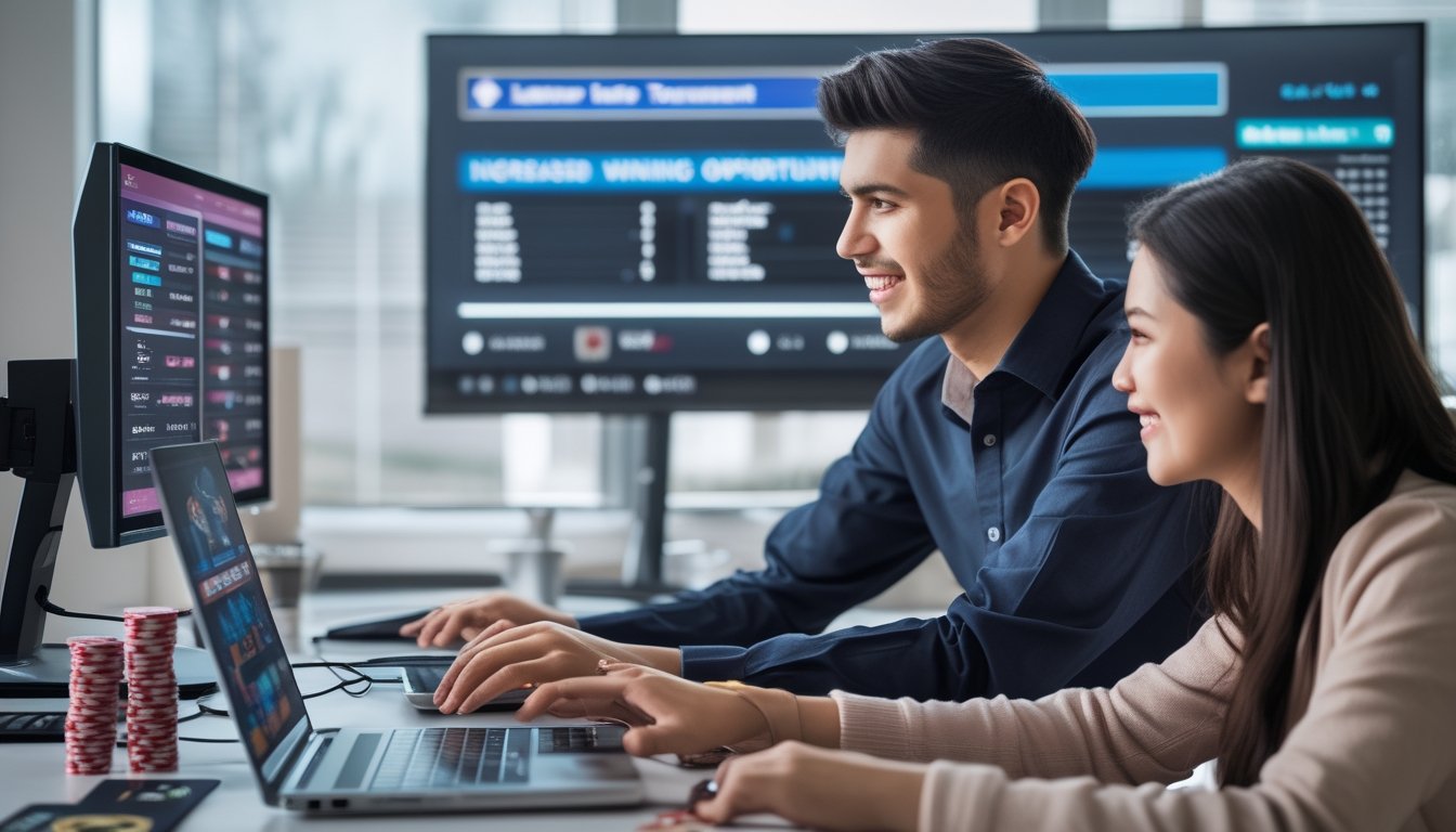 Dua orang muda sedang bermain permainan kartu online di laptop dengan ekspresi fokus dan antusias di ruang kerja yang terang dan rapi.