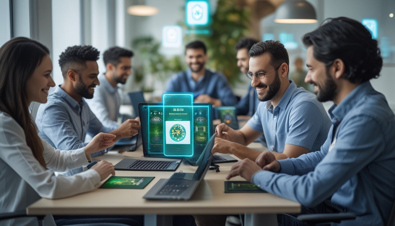 Beberapa orang sedang bermain turnamen kartu online di ruang kerja modern yang terang dan nyaman.