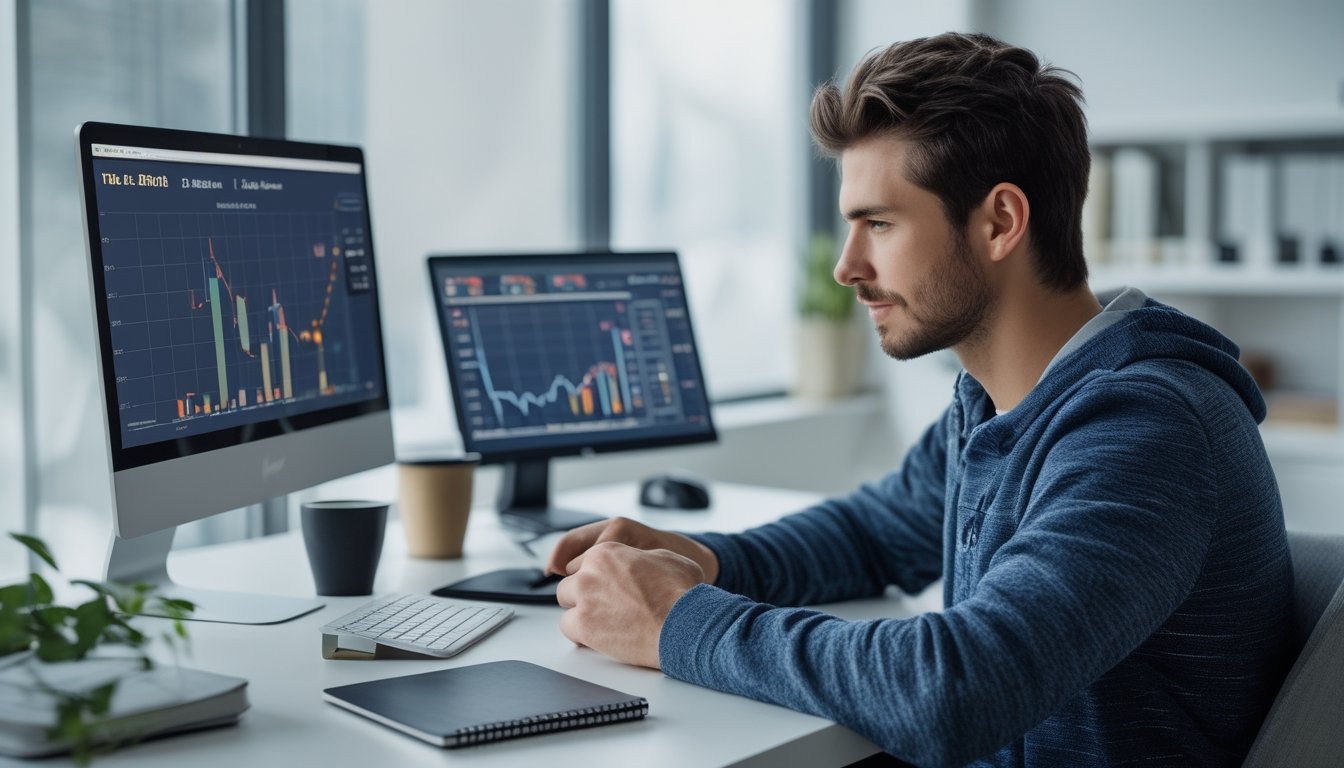 Seorang pria muda duduk di meja dengan laptop dan buku catatan, fokus mengelola modal untuk turnamen permainan kartu online di ruang kerja yang terang dan rapi.