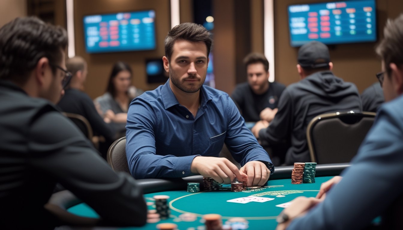 Seorang pria duduk di meja poker dengan tumpukan chip kecil, terlihat fokus dan tenang dalam suasana turnamen kartu.