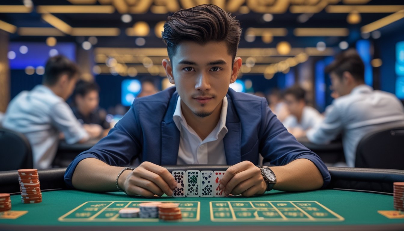 Seorang pria muda fokus bermain permainan Ceme di meja turnamen dengan pemain lain di latar belakang.